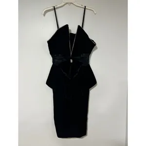 Vintage Night Way Black Velvet Peplum Dress Rhinestone Bow Halter 80s Glam 12 thumbnail 9