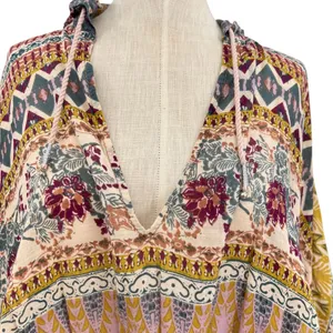 Free People Hold‎ On Tight Gauze Pullover Top Hooded Floral Paisley XS Small thumbnail 4