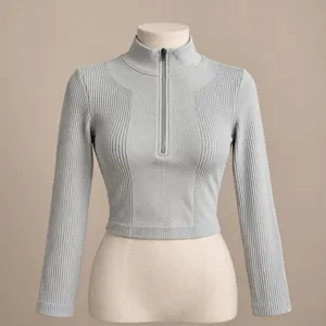 No Boundaries Ribbed Quarter Zip Mock Neck Gray Crop Top Size Medium thumbnail 3
