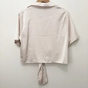 Milk & Honey Tie-Front Short Sleeve Blouse Satin in Light Beige Size Large thumbnail 3