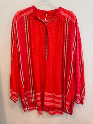 Free People Yarn Dye Lurex Tunic Top Boho Stripe Red Orange XS thumbnail 2