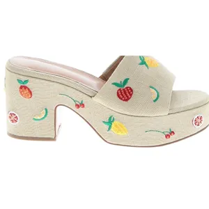 Beige Linen Fruit Embroidered Platform Mule Sandals Chunky Block Heel Y2K 11 thumbnail 3