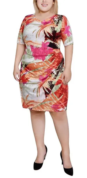 NWT Ny Collection Plus Size Elbow Sleeve Side Pleat Dress Flower Rays Pink 1X thumbnail 1