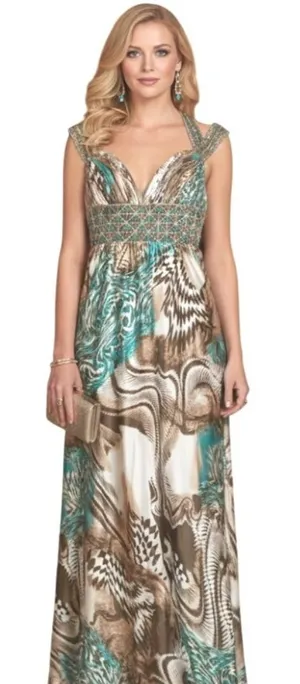 Animal Print Maxi Dress S Beaded Halter Brown Teal Flowy Mobwife Charmeuse thumbnail 1