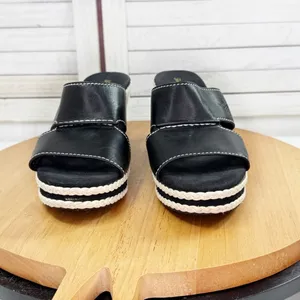 Tommy Bahama Kamala Wedge‎ Heel Leather Slide Sandals Black White 9 thumbnail 2