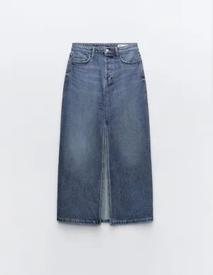 ZARA Denim High-Waist Blue Denim Maxi Skirt with Front Slit Jean Skirt Z1975 Size Med thumbnail 2