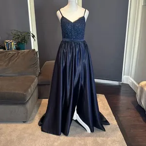 Women’s Blue Full Length Satin Lace Appliqué Party Prom Formal Dress Size 2 NWOT thumbnail 3