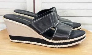Tommy Bahama Kamala Wedge‎ Heel Leather Slide Sandals Black White 9 thumbnail 1