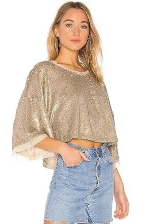 Free People Champagne Dreams Tee Small Neutral Gold Sequin Oversized Cropped thumbnail 1