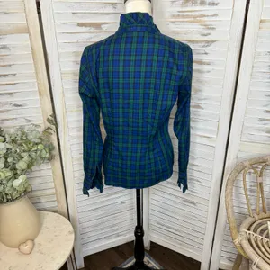 BROOKS BROTHERS Women's 8 Tartan Navy Plaid Long Sleeve Button Top Ruffle Neck thumbnail 5