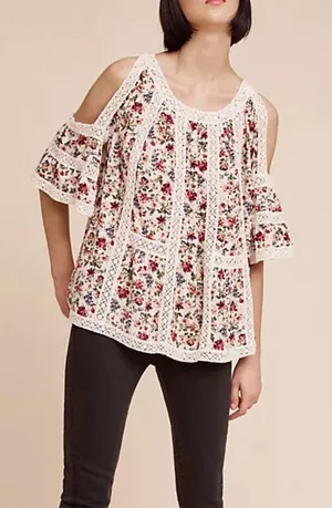 Anthropologie Bell Sleeve Open Shoulder Lace Floral Top Size L thumbnail 1