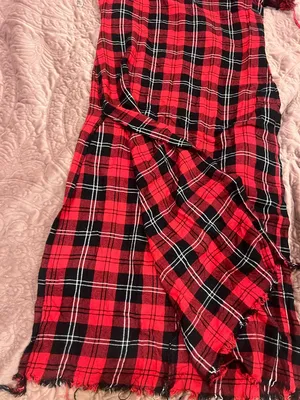 Red and Black Plaid Midi Dress with Frayed Edges thumbnail 2