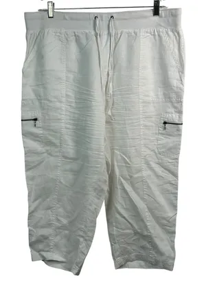 Style & Co White Linen‎ Cargo Capri Pants XL Elastic Drawstring Cropped Pockets thumbnail 1