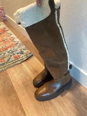 Zara Brown Cognac Chestnut Leather Suede Shearling Over the Knee High Tall Boots thumbnail 3