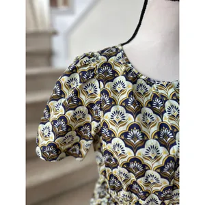 Anthropologie Milkmaid Puff Sleeve Navy Cream Yellow Mosaic Block Print Dress thumbnail 2