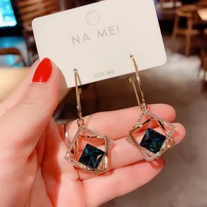 Blue Crystal Square Dangle Drop Earrings for Women Gold thumbnail 2