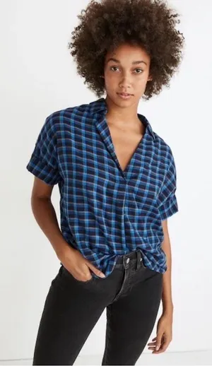 Madewell XS Blue Plaid Short Sleeve Popover Shirt 100% Cotton thumbnail 1