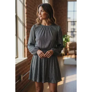 White‎ House Black Market Silver thread Long Sleeve Mini Dress XS sheer style thumbnail 4