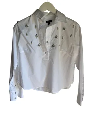 Talbots Petite White Cotton Popover Shirt Rhinestone Embellished Western Country thumbnail 1