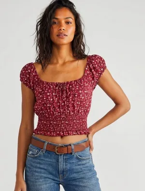 American Eagle Outfitters Red Floral Ditsy Blouse Sz Small Off-Shoulder Cropped thumbnail 1