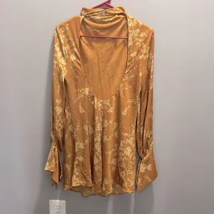 Free‎ People Aries Floral High Neck Open Back Gold Boho Mini Dress Size Small thumbnail 4