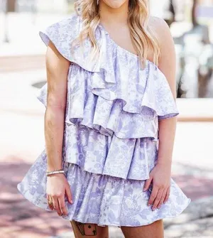 ASOS LUXE Ruffle One Shoulder Jacquard Mini Dress Purple Silver 6 Runs Small thumbnail 1