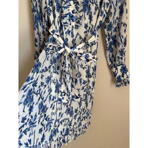 Tory Burch Shirt Dress Belted Sz 0 Blue White Floral Pleated Ruffle High Neck thumbnail 3