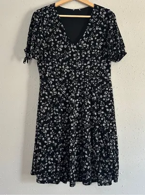 🦋 Black White Floral Mini Dress Stretch Comfy Casual Spring XL XXL thumbnail 1
