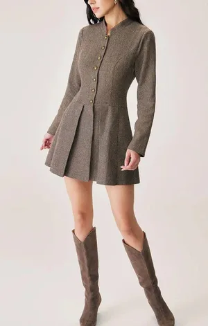 Rihoas Brown Button Pleated Mini Dress thumbnail 5