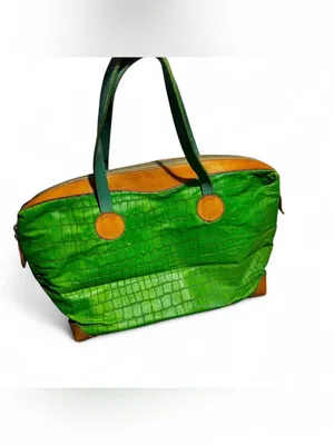 Green Croc-Embossed Tote with Tan Trim and Green Straps thumbnail 2
