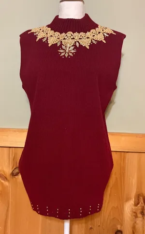Vintage 80s 90s Burgundy Jeweled Sweater Vest Gold Applique Mock Neck USA OS thumbnail 1