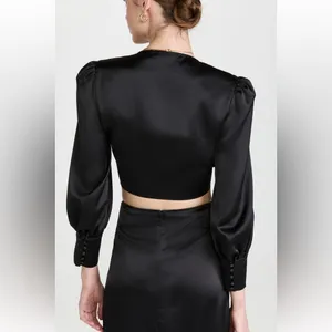 New black satin tie front top thumbnail 2