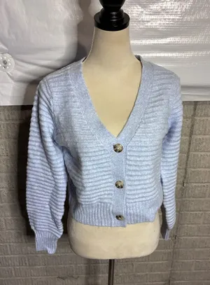 Happily Grey Light Blue Cropped Ribbed Knit V-Neck Cardigan Sweater Womens Small thumbnail 1