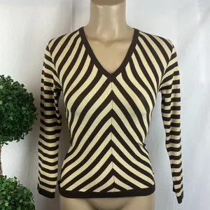 Rene Lezard Brown & Tan Chevron Striped V Neck Long Sleeve Knit Shirt Top XS thumbnail 2