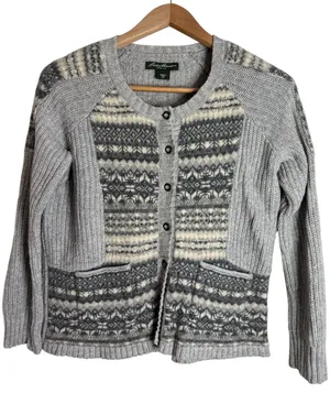 Vintage Eddie Bauer Ribbed Gray Fair Isle Nordic Buttoned Sweater Cardigan sz Mp thumbnail 1