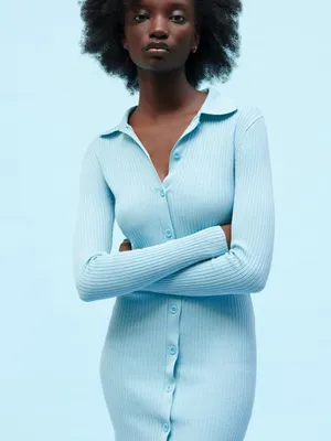 NWT Zara | Light Blue Ribbed Knit Polo Dress, Medium thumbnail 2