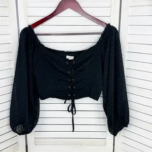 Aeropostale Clip Dot Lace Up Off The‎ Shoulder Crop Top Black Medium Sheer Indie thumbnail 9