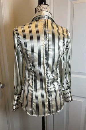 ZARA Satin Office Blouse STRECH Size Small Cream Black Lines Preppy Chic thumbnail 3