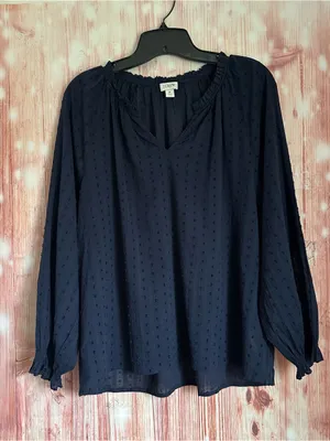 J. Crew Factory Navy Blue Swiss Dot Split Neck Ruffle Trim Blouse Size M thumbnail 2