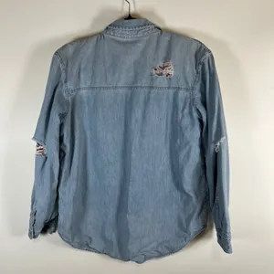 American Eagle Flannel Lined Denim Shirt Womens Small Oversized‎ Distressed Blue thumbnail 7