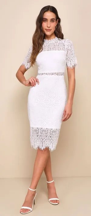 NWT Lulus Remarkable White Sheer Lace Short Sleeve Midi Dress Sheath Classy Sz S thumbnail 1