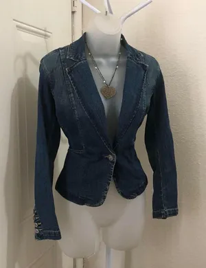 St. John Collection Y2K Dark Navy denim jean blazer jacket one button pockets long sleeve #preppy #grunge #goth dark academia #steampunk office siren core #2000s Size S-Measurement in pics thumbnail 2