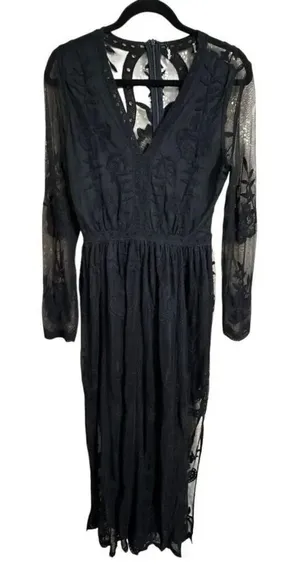 Black Lace Overlay Long Sleeve Floral Witchy Goth Boho Romantic Dress Medium thumbnail 1