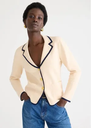 J.Crew Contrast Trim Waisted Sweater Blazer Champagne Gold Buttons Preppy Small thumbnail 1