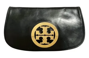 Tory Burch Black Leather Logo Clutch Handbag Evening Bag thumbnail 1