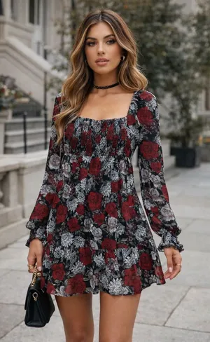 Jack by BB Dakota Floral Mini Dress Black Red Rose Smocked Y2K Coquette Sz S thumbnail 1