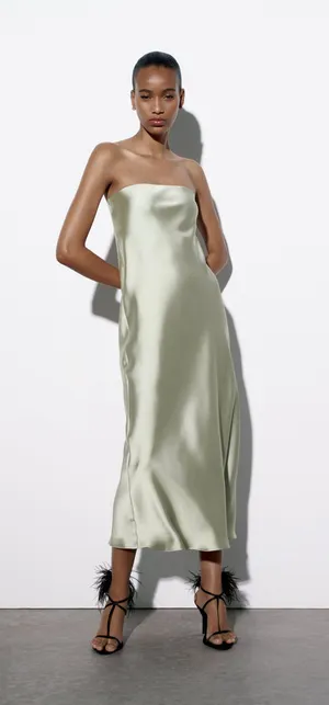 ZARA midi dress satin sleeveless tube olive green wedding party summer thumbnail 11