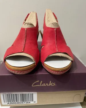 Clarks Helio Float4 Red Suede‎ Cork Wedge Sandals Womens 8 Medium New thumbnail 1