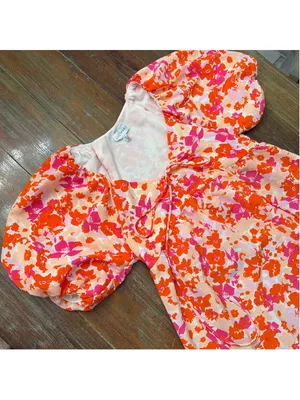 LUCY PARIS Pink & Orange Floral Puff Sleeve Toulouse Tie Babydoll Mini Dress S thumbnail 5