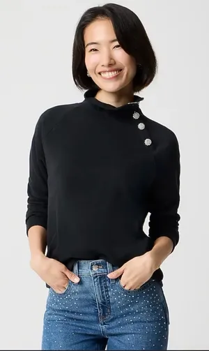 J.Crew Womens M Black Mock Neck Sweatshirt Jeweled Buttons Funnel Neck Pullover thumbnail 1